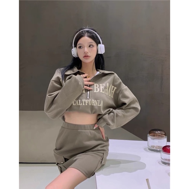 Set bộ Laguna beach dài tay khoá kéo phối chân váy túi hộp thu đông