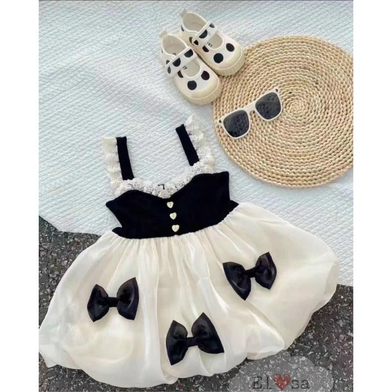 Váy  bé gái - Đầm công chúa 2 dây đính nơ phong cách Hàn Quốc siêu xinh