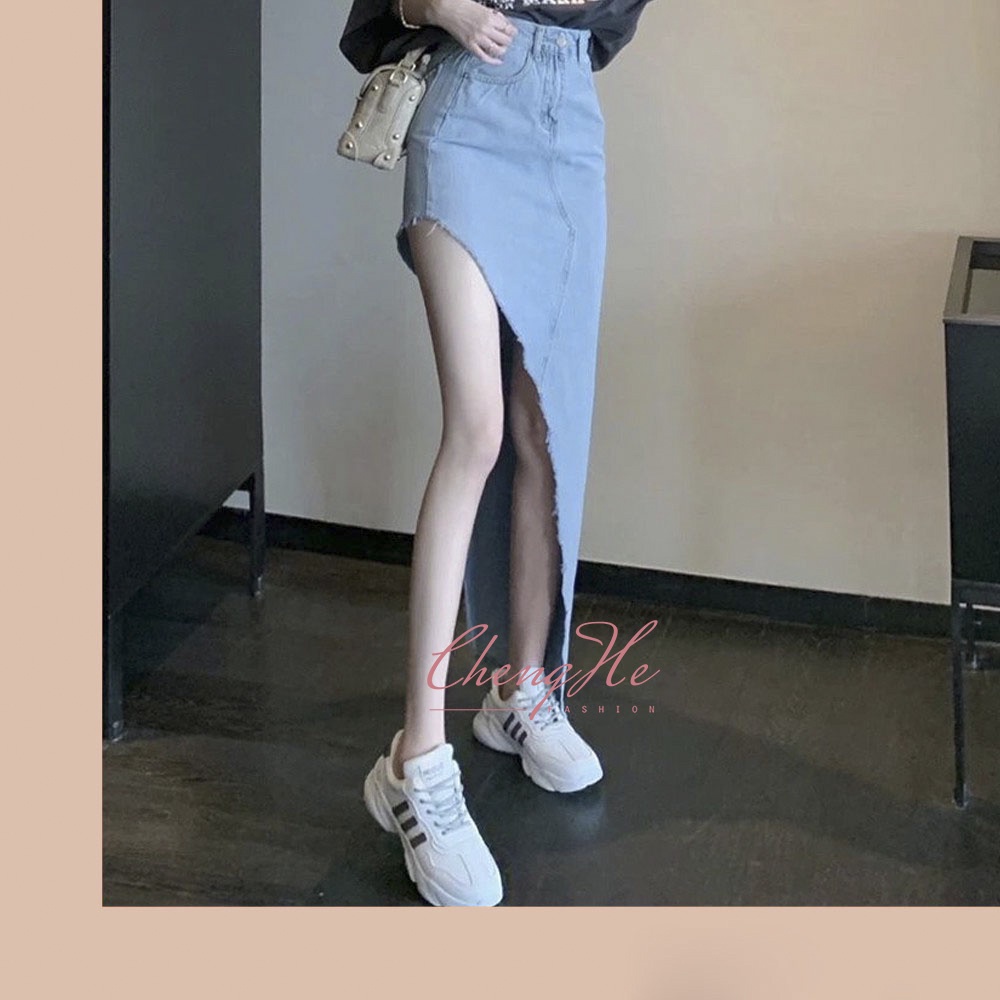 Chân váy bò dáng dài thiết kế độc đáo/ váy bò xanh ins eo cao hở đùi sexy cá tính V00147