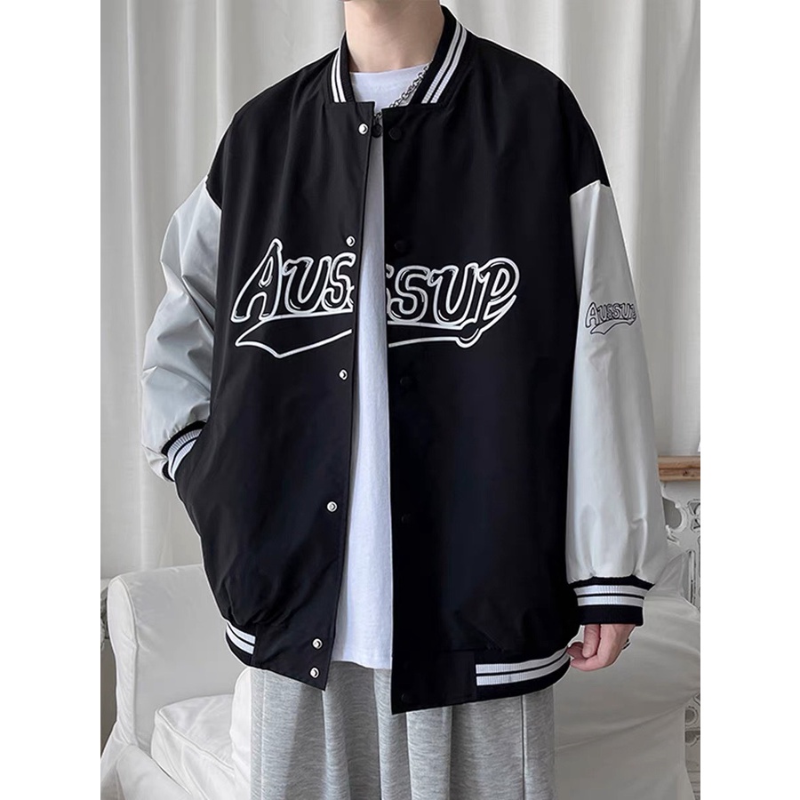 Áo khoác bóng chày bomber Aussup màu đen phối tay trắng. Áo bomber nỉ đen trắng, áo khoác áo bóng ch