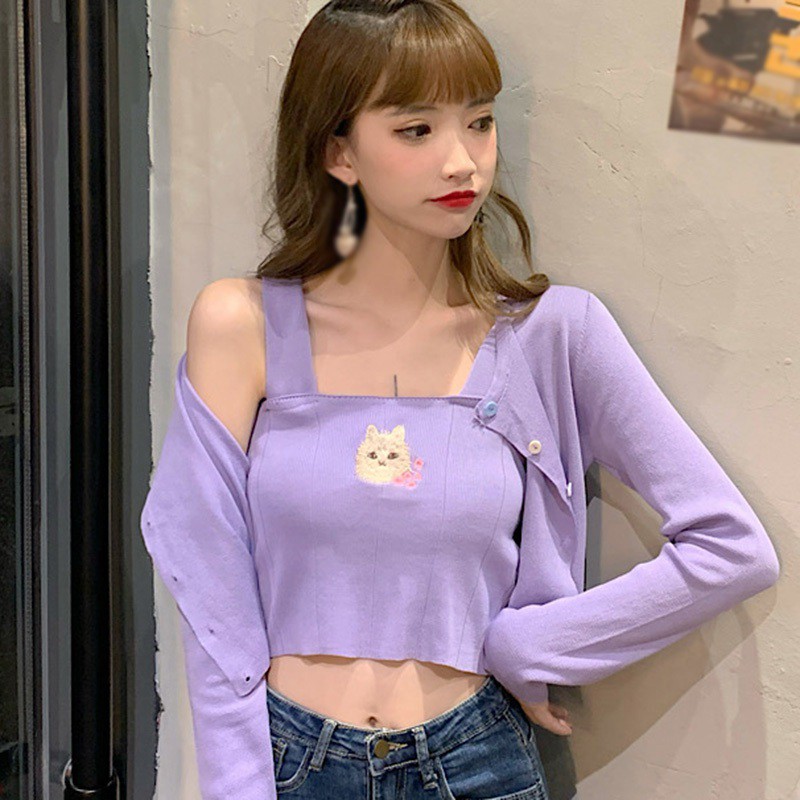 Áo Hai Dây Dệt Kim Thêu Hình Mèo Xinh Xắn Dành Cho Nữ