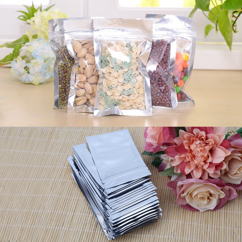 Set 50 túi zip trong suốt bằng lá nhôm bạc 7x13cm chống rò rỉ