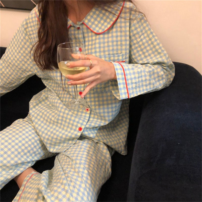 Đồ bộ ngủ pyjama caro vải lụa dài tay thời trang thu đông phong cách Hàn Quốc/Nhật Bản cho nữ