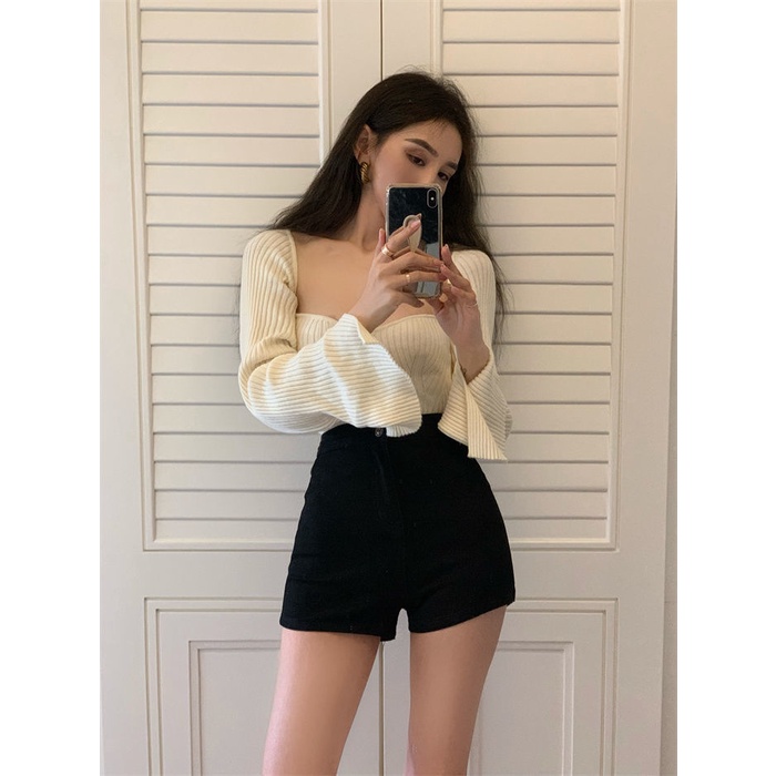 Quần Short Denim Màu Đen Lưng Cao Siêu Co Giãn Thời Trang Mùa Hè Cho Nữ
