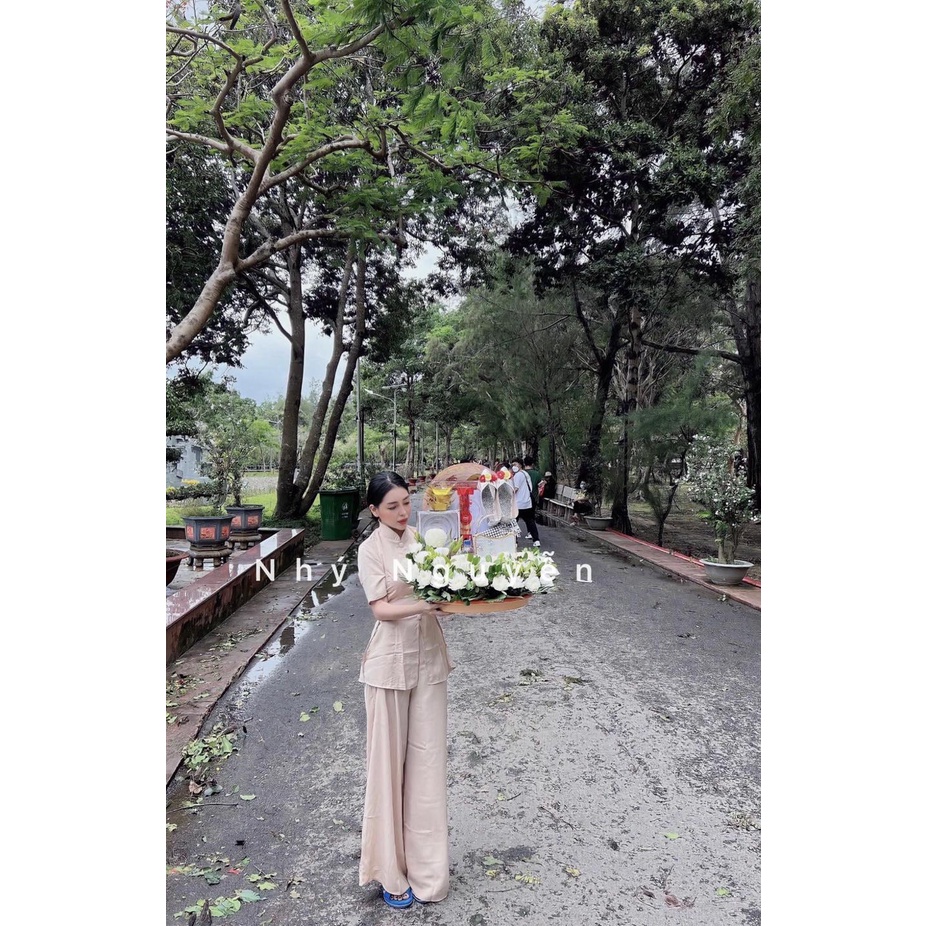 Đồ Lam Đi Chùa Mẫu Nút Bọc Có Dây Cột Eo MÀU NUDE