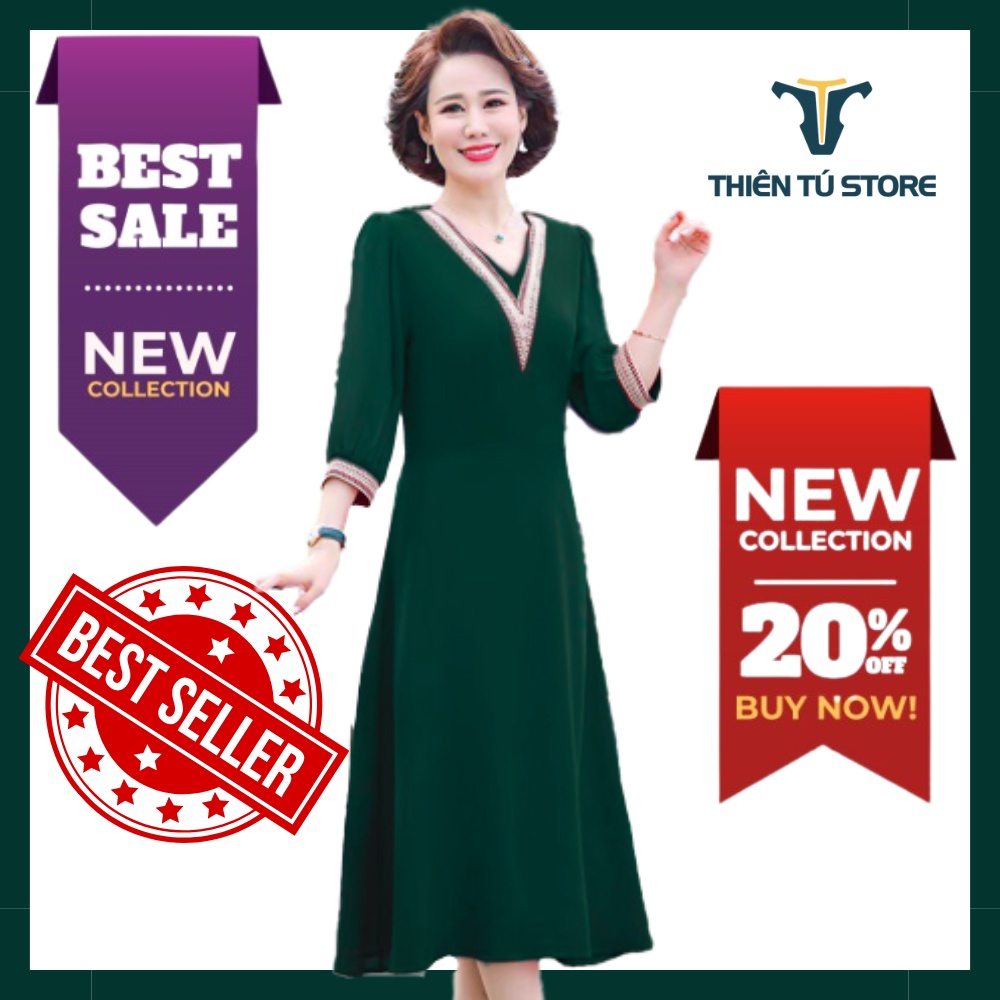 Đầm trung niên nữ sang trọng dự tiệc Thiên Tú cổ tròn ngắn tay chất voan mịn đẹp dáng suông dài đến cổ chân màu đơn sắc