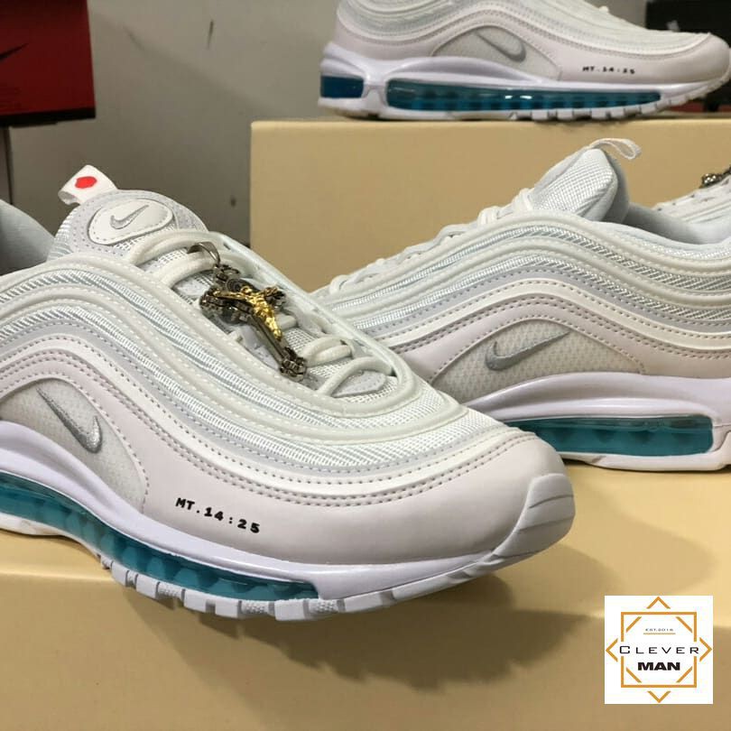 (FULLBOX - TẶNG MÓC KHÓA) Giày thể thao AIR MAX 97 &quot;Jesus shoes&quot; MSCHFx INRI Trắng đế xanh dương