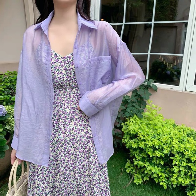 Set váy hoa nhí mix áo sơ mi tím
