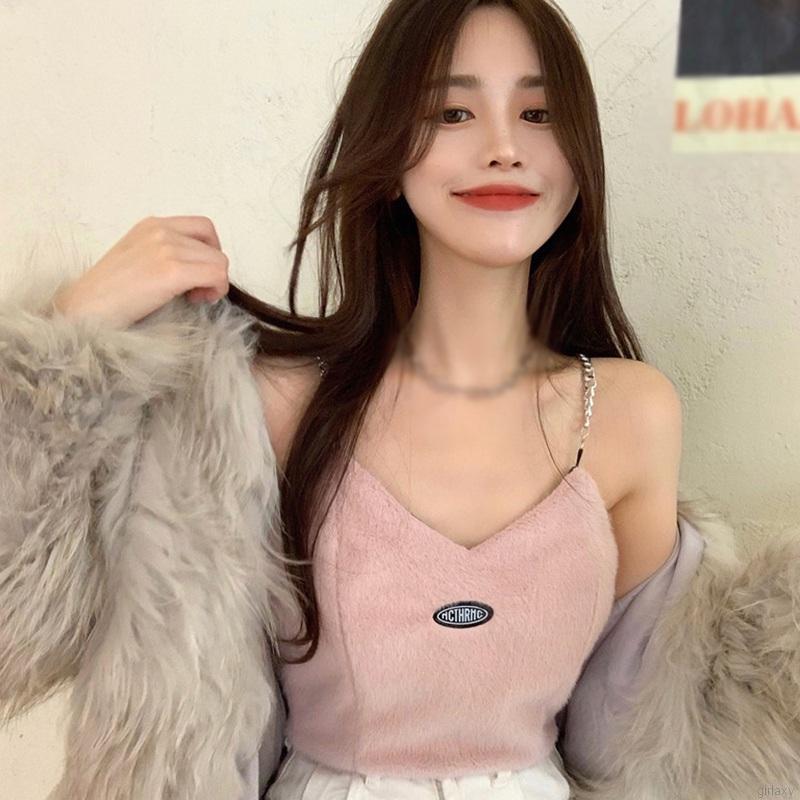 Áo Yếm Croptop Hai Dây Cổ Chữ V In Chữ Quyến Rũ Phong Cách Hàn Quốc