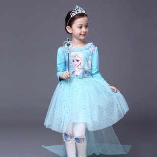 Váy Elsa Xanh Dài Tay ( kèm tà choàng và phụ kiện)