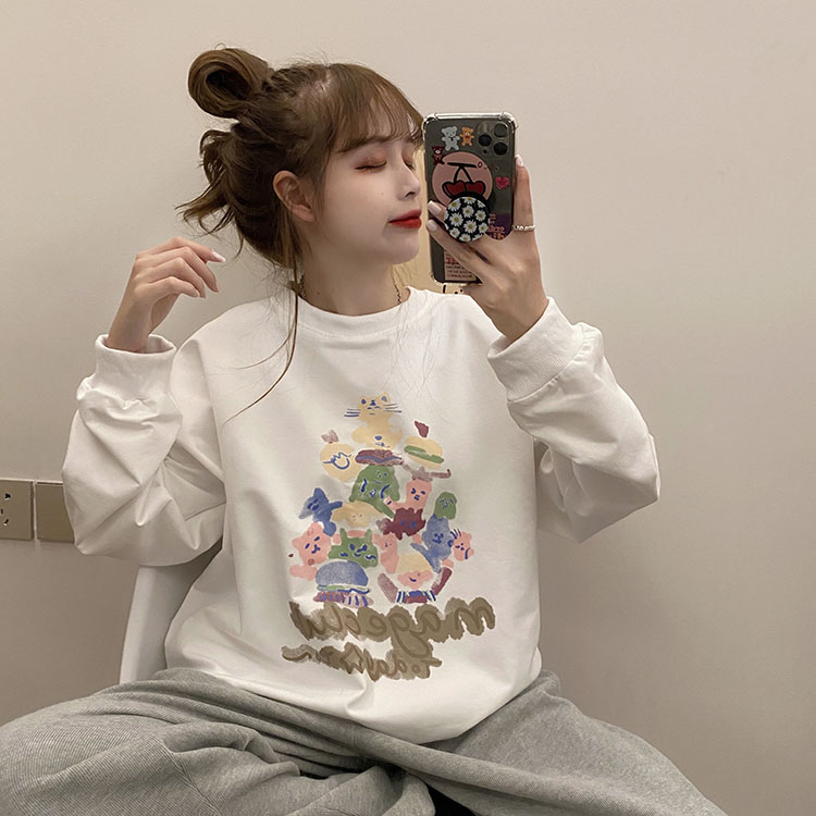 áo nỉ tay dài cổ tròn in hình dễ thương đáng yêu phong cách Hàn Quốc cho nữ | BigBuy360 - bigbuy360.vn