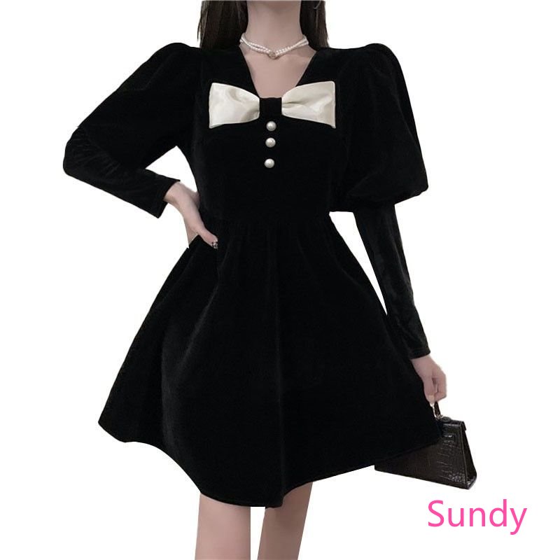 Đầm Nhung Tay Phồng Đính Nơ Thời Trang Thu Đông Cho Nữ