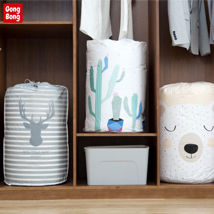 Túi đựng chăn màn quần áo 135l chống thấm nước hình thú cute có dây rút túm miệng cất trữ đồ tiện lợi