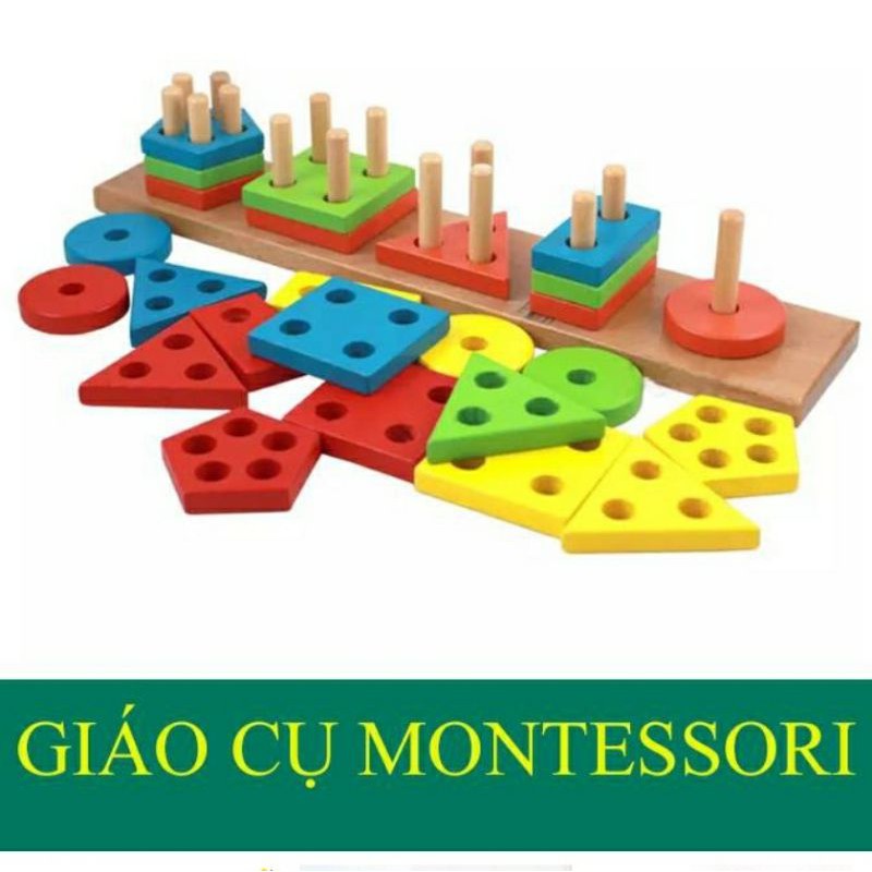 Bộ thả khối 5 cọc - Học cụ Montessori - phát triển trí tuệ trẻ