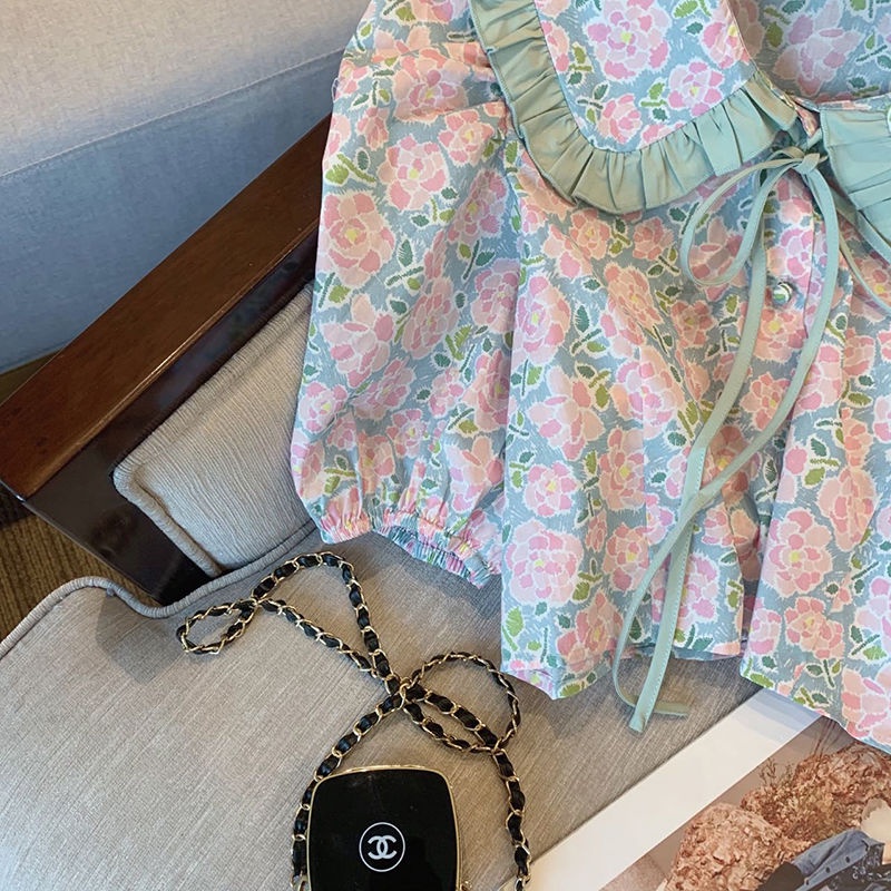 Áo Sơ Mi Cổ Búp Bê Tay Ngắn In Họa Tiết Hoa Phong Cách Phương Tây Thời Trang Mùa Hè Dành Cho Nữ