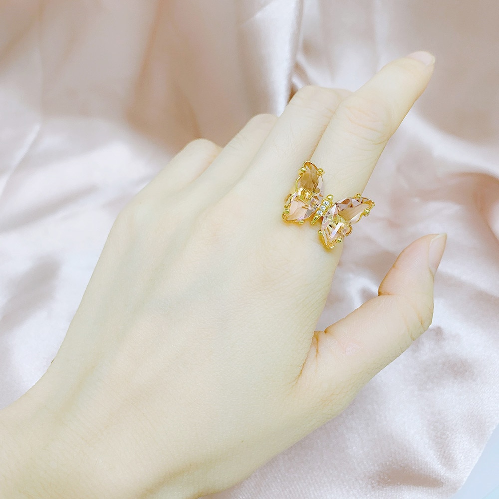 Nhẫn con bướm cho phụ nữ Thẩm mỹ Nhiều màu có thể điều chỉnh Vòng pha lê bán buôn Màu vàng thời trang Quà tặng đồ trang sức R025