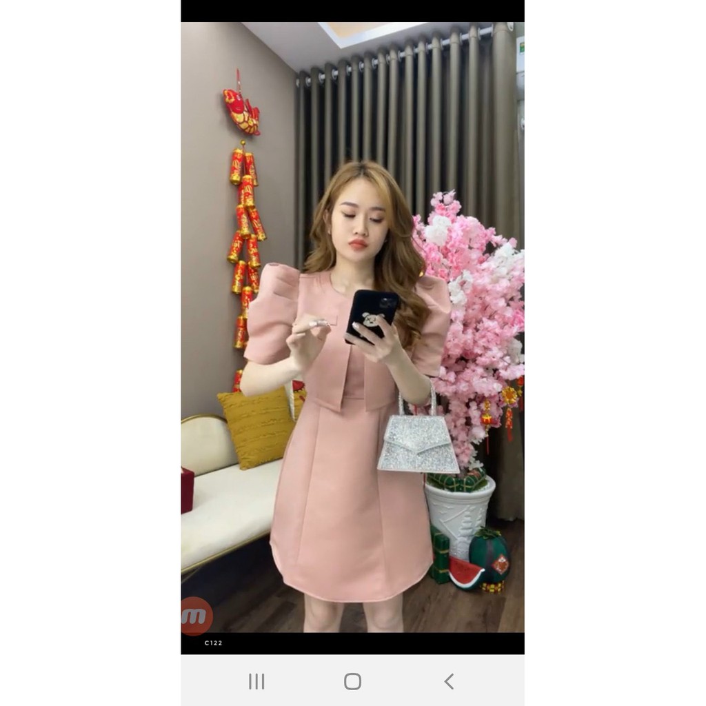 Set đầm 2 dây kèm áo khoát tay phồng mặc rời nếu thích