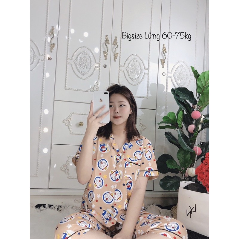 Bộ đồ ngủ, đồ bộ Pijama lụa nữ mặc nhà áo tay ngắn quần lửng chất kate thái Bigsize