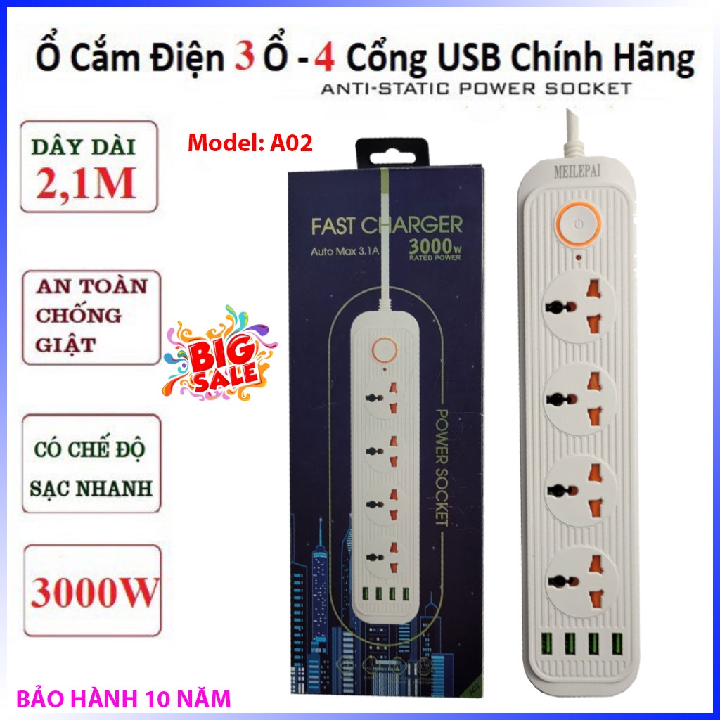 Ổ cắm điện đa năng thông minh 4 cổng USB 5V sạc nhanh, tiết kiệm 30KW/h, chịu tải lớn 3000W, chống quá tải, cháy nổ