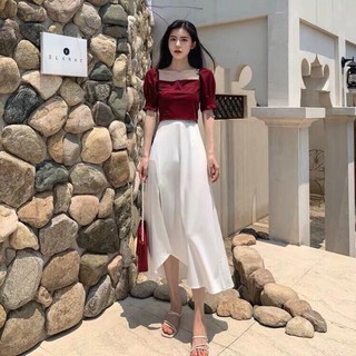 Sét Váy Xẻ Tà Cá Tính Phối Tay Lỡ Umi Thời Trang Trẻ