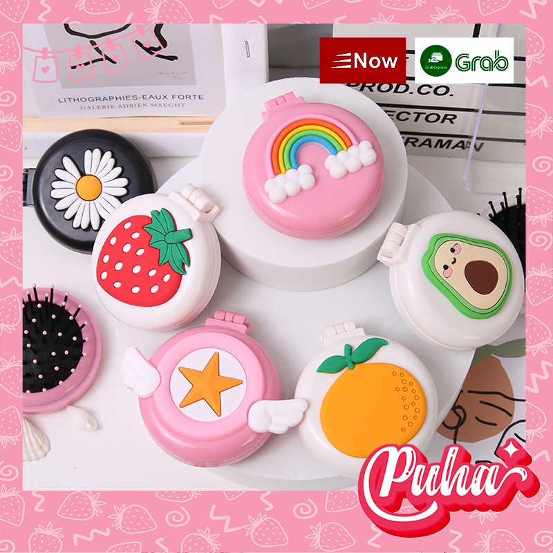 Lược gấp kèm gương mini Puha phong cách Hàn Quốc dễ thương, puhashop