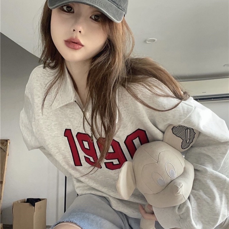 Áo sweater polo dài tay unisex dưới 80kg chất thun JuLy shop - Áo polo dài tay phối khóa cổ 1990