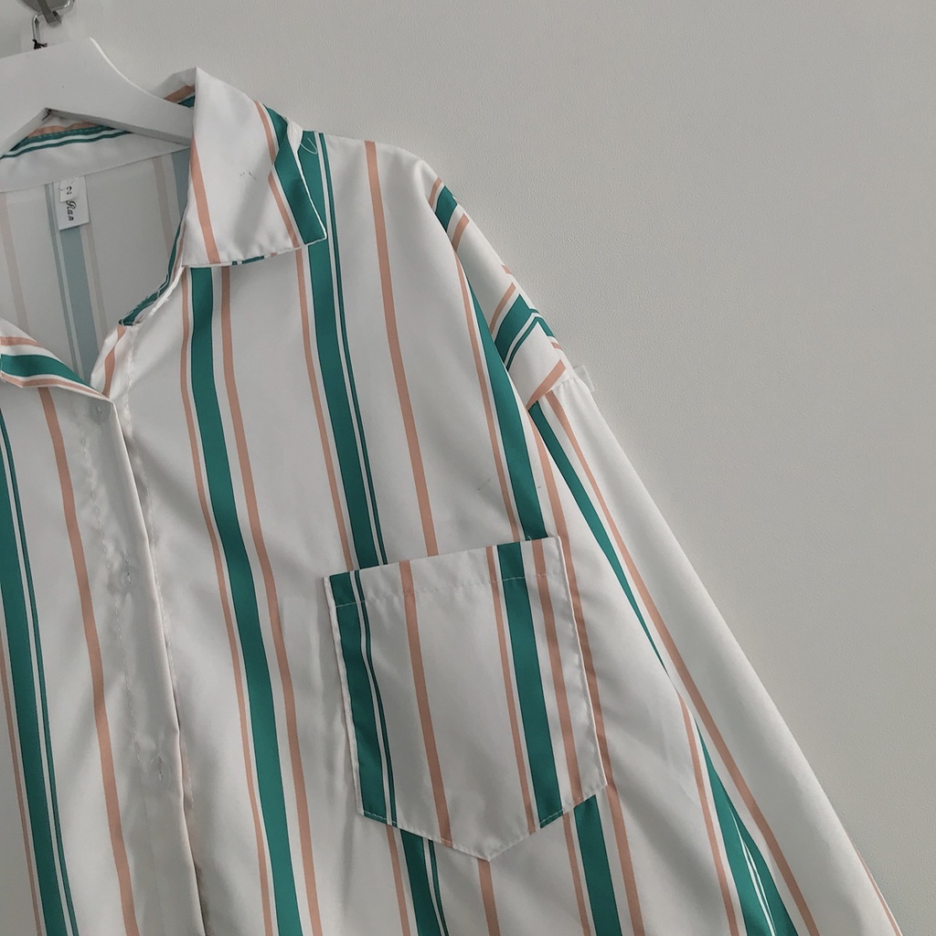 Áo Sơ Mi Nữ Form Rộng Tay Dài JEM CLOSET Mẫu Kẻ Sọc Xanh Cam Phối Màu Cá Tính KINA 10271