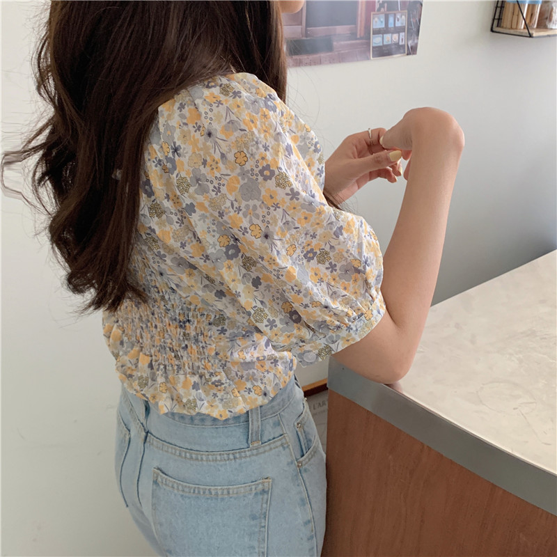 SUXI Áo Croptop Tay Phồng Cổ Vuông Họa Tiết Hoa Xinh Xắn Cho Nữ