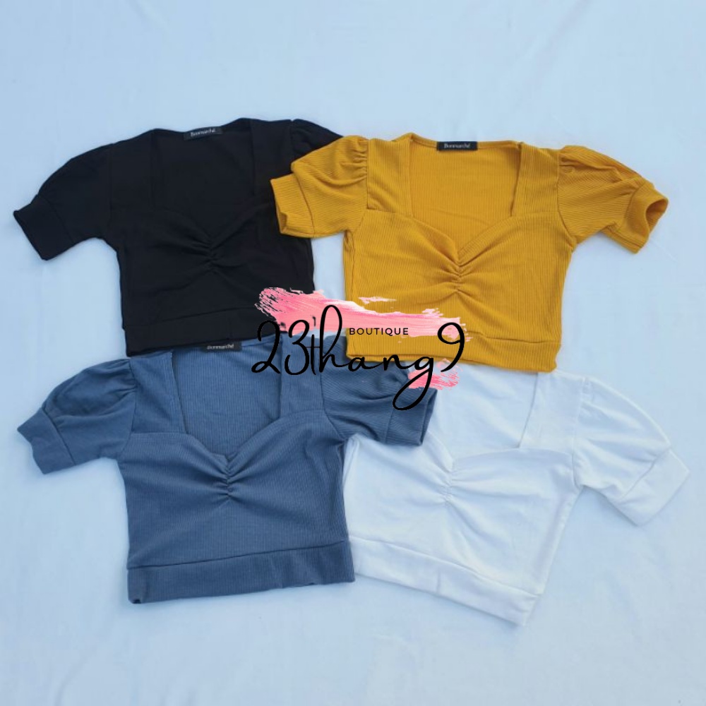Áo croptop áo tay phồng cổ vuông nhún ngực chất thun gân cao cấp phong cách mùa hè năng động mặc đi biển đi chơi