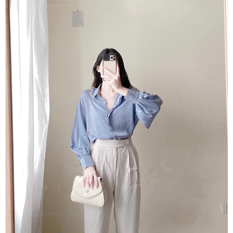 Áo sơ mi lụa trắng phom suông dài tay cổ đức công sở chất liệu lụa trai mềm mịn không nhăn nhàu mặc đi làm trắng xanhA14