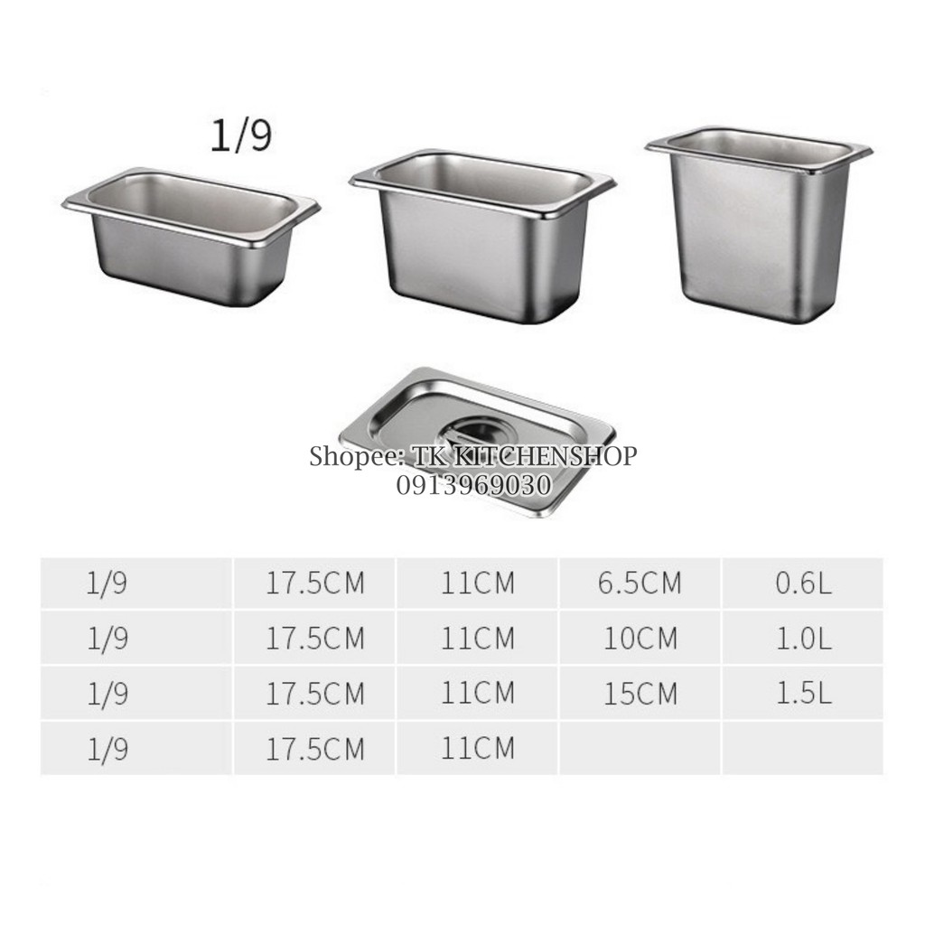 Khay Inox GN 1/9 Đựng Thực Phẩm Đựng Thạch Topping Các Size