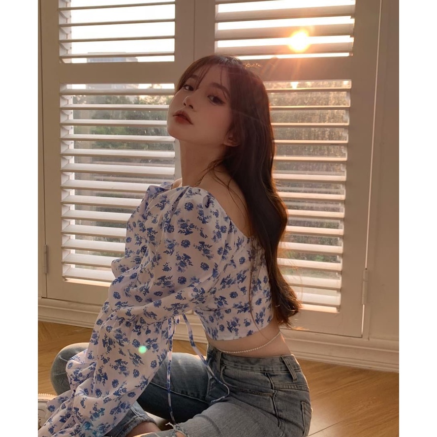 Áo Croptop Tay Dài Phồng In Họa Tiết Hoa Kiểu Retro Pháp Quyến Rũ Cho Nữ