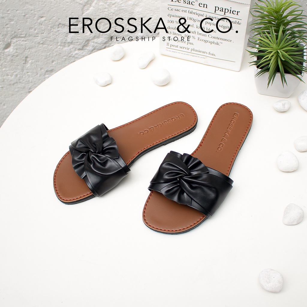 Dép nữ thời trang đế bằng Erosska 2021 phối nơ xoắn chéo màu nude _ DE032
