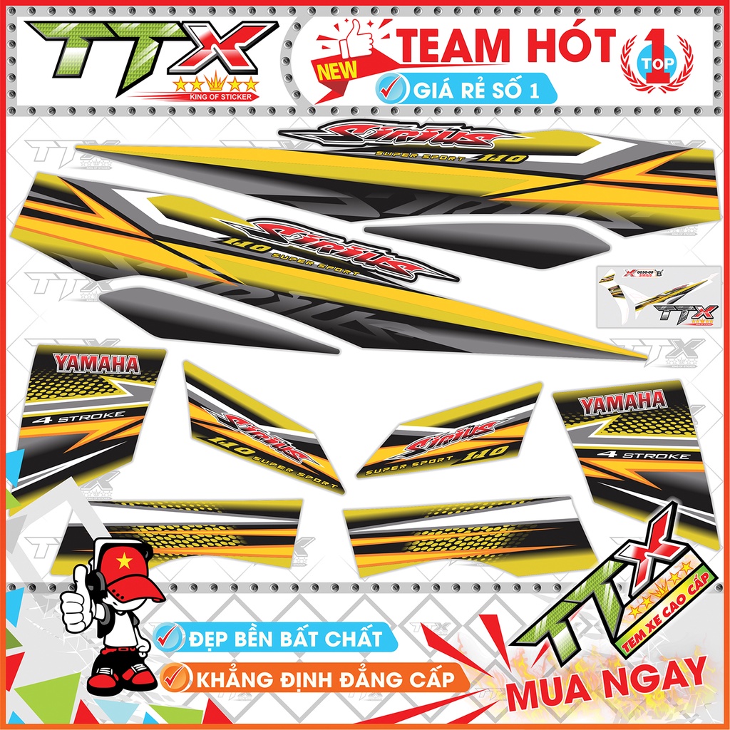 Tem rời sirius 110 , Team chế sirius dán xe màu vàng nền đen tuyệt đẹp , Shop TTX Tem xe sirius mã