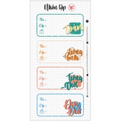 Nhãn vở có tên môn học - Tiểu Học -  1 Tấm   gồm 4 nhãn 3,5 x 7 cm đã được cắt