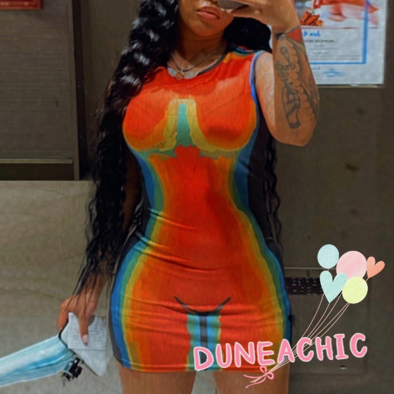 DUNEA Đầm Sát Nách In Họa Tiết 3D Màu Sắc Tương Phản Quyến Rũ Cho Nữ