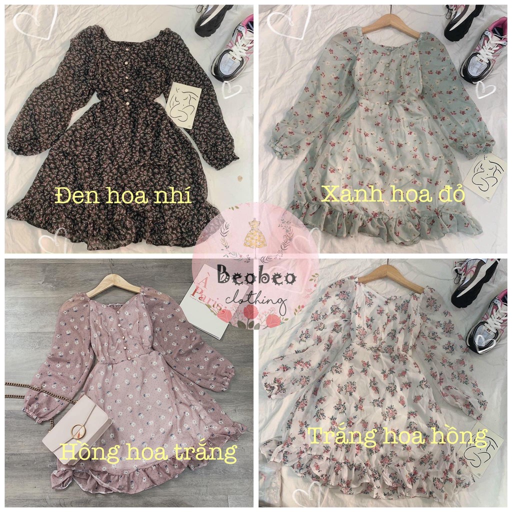 Đầm hoa nhí đuôi cá tay phồng phối nút vintage