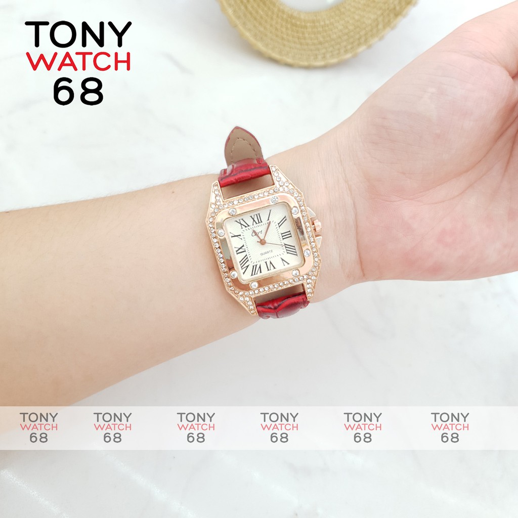 Đồng hồ nữ Tony Watch 68 mặt vuông dây da đỏ đính viền đá chống nước chính hãng sang chảnh đẹp | BigBuy360 - bigbuy360.vn