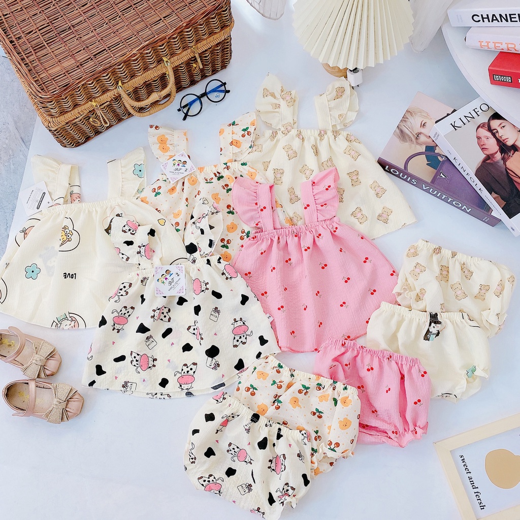 AV20 Bộ Áo Váy 2 Dây Cánh Tiên Hoạ Tiết Hoa Quả Cho Bé Chất Liệu Vải Đũi Nhăn Đủ Size Từ 8-18Kg VNXK Nhật-Hàn