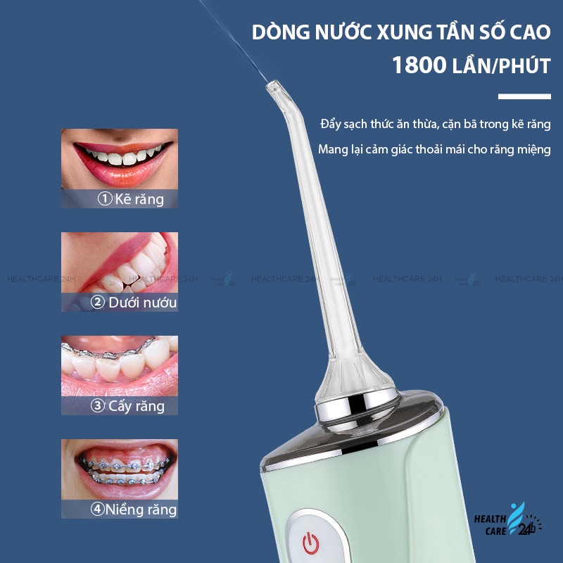 Máy tăm nước cầm tay phiên bản nâng cấp 4 chế độ, Healthcare24h D005, vệ sinh răng miệng cực sạch kèm 4 đầu tăm