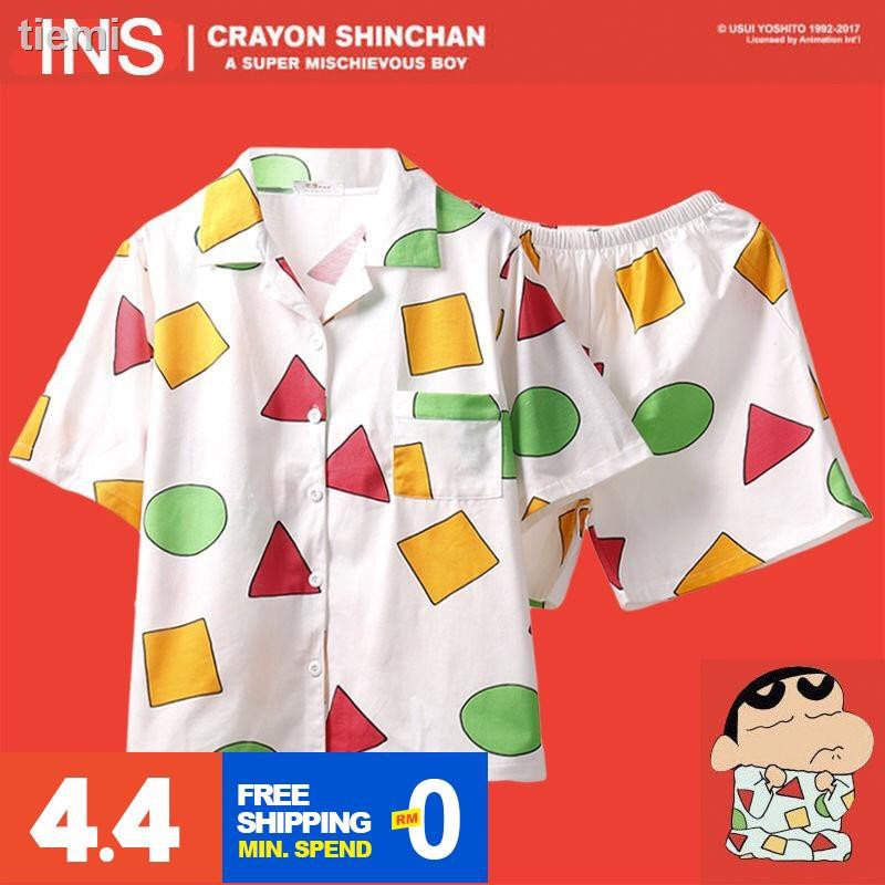 Bộ Đồ Ngủ Tay Ngắn Chất Liệu Cotton In Hình Cậu Bé Bút Chì Shin Chan Dành Cho Nữ