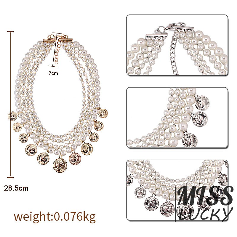 Vòng cổ chuỗi hạt ngọc trai nhân tạo nhiều lớp phối mặt kim loại phong cách cá tính cho nữ