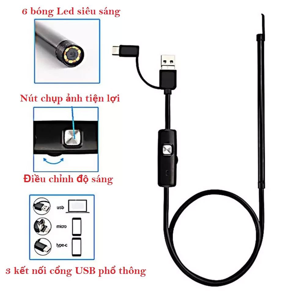 Dụng Cụ Lấy Ráy Tai Thông Minh, Camera Nội Soi Tai Siêu Nét Đi Kèm Bộ Đầu Lấy Ráy Chống nước  chuẩn IP67 - 1 ĐỔI 1