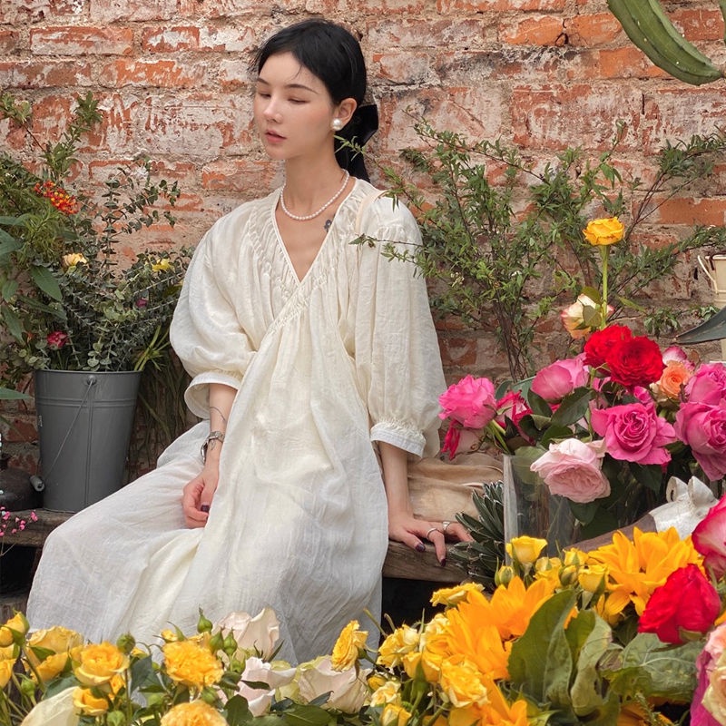 Đầm Chữ A Tay Phồng Cổ Chữ V Cột Dây Đơn Giản Thời Trang Hàn Quốc Cho Nữ