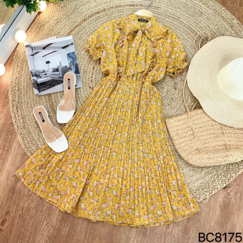 Đầm Maxi hoa, xếp li cách điệu, phối cổ nơ xinh xắn, vô cùng nữ tính VINTAGE STORE