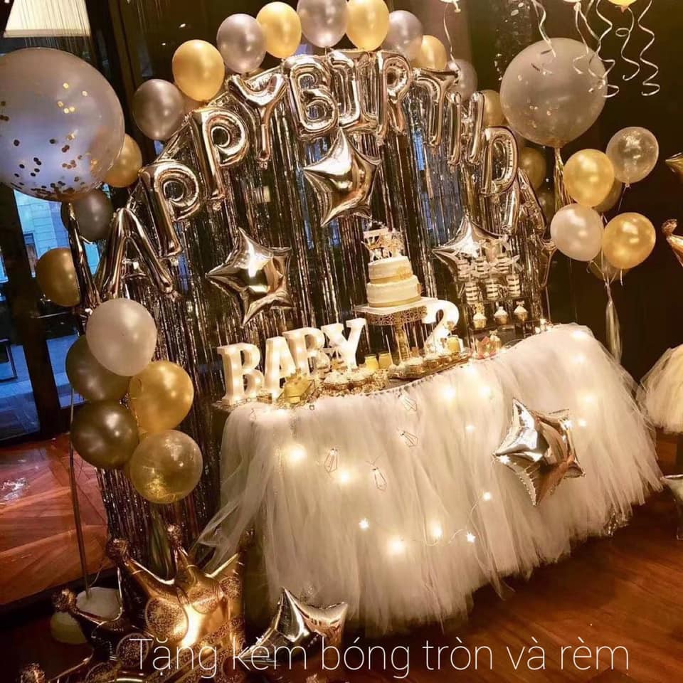 Combo Bong Bóng Trang Trí Sinh Nhật C00 Tông Bạc Vàng + TẶNG KÈM BƠM TAY, BĂNG KEO, RÈM