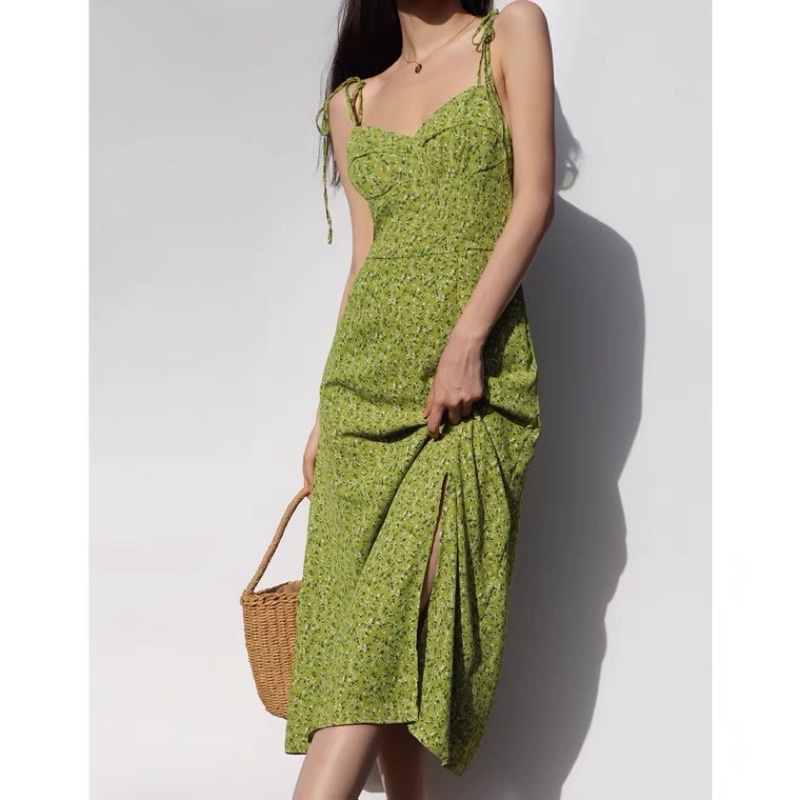 Đầm dây hoa nhí dáng dài xẻ vạt màu xanh cốm