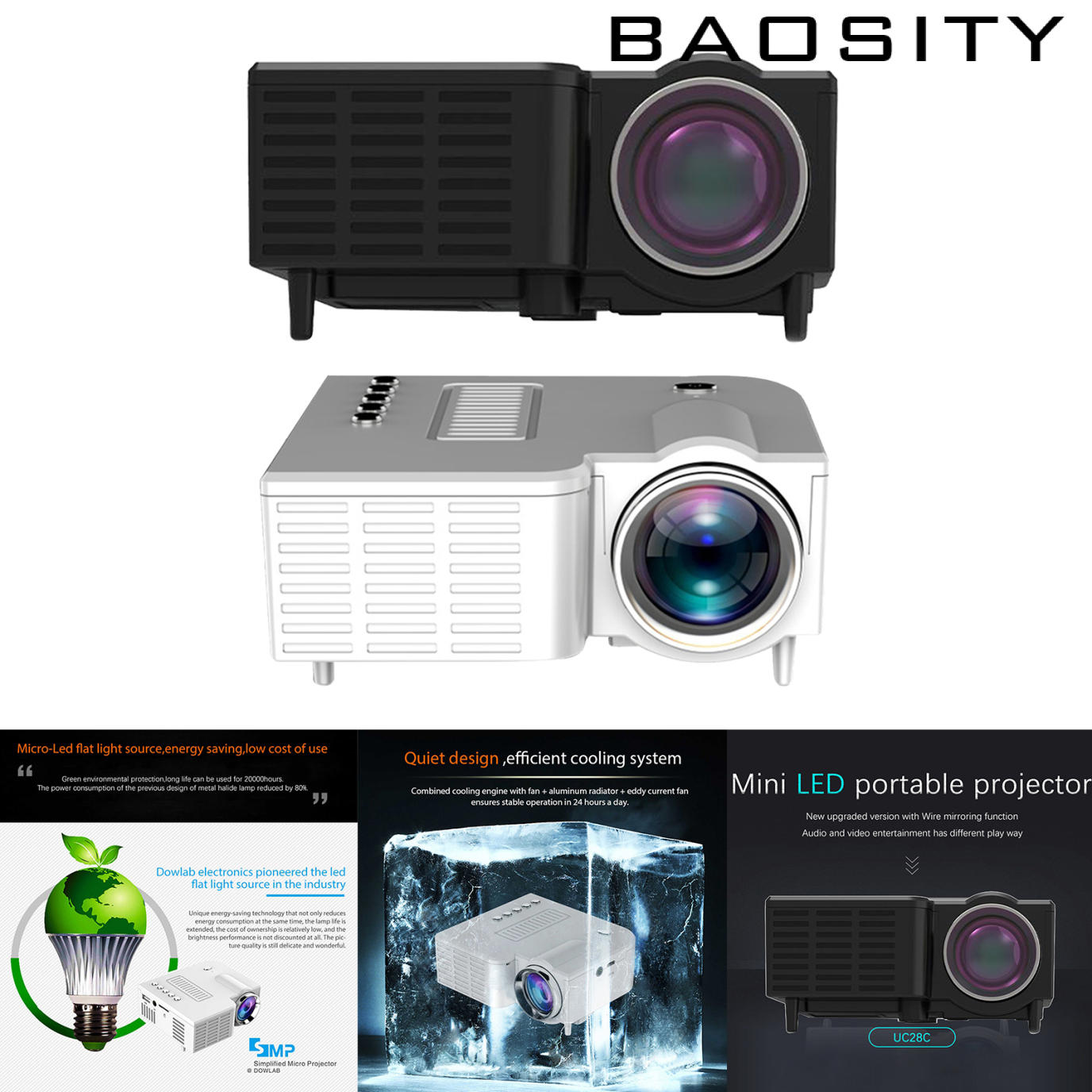 [BAOSITY]Native 1920X1080P Mini Portable Projector Wired for Home Office Outdoor Black