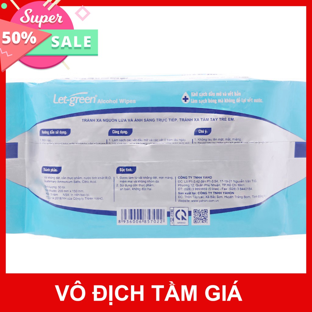 combo 12 gói khăn ướt cồn Let-green 50 tờ kháng khuẩn, an toàn cho da.