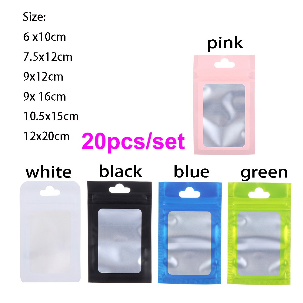 Set 20 túi zip nhựa tráng nhôm nhám chống thấm nước có lỗ treo nhiều màu sắc đựng thực phẩm tiện dụng